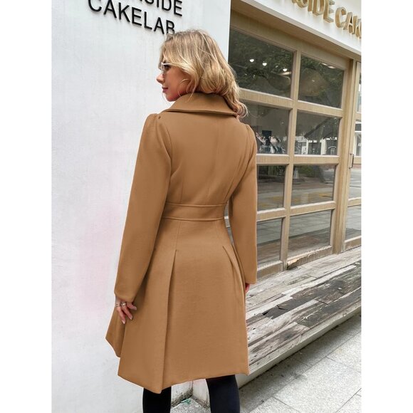✨Camel Brown Trench Coat Notch Lapel Double Breasted Pea Coats Jacket - Picture 4 of 8